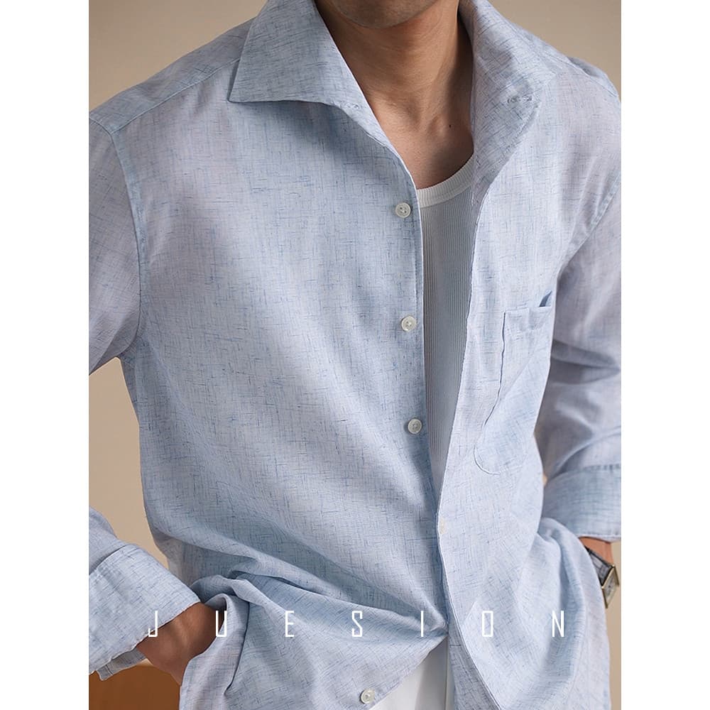 [Linho Cool Silk] JUSION Estilo Italiano Gola de Uma Peça Camisa de Manga Longa Masculina Respirável Leve Camisa Casual