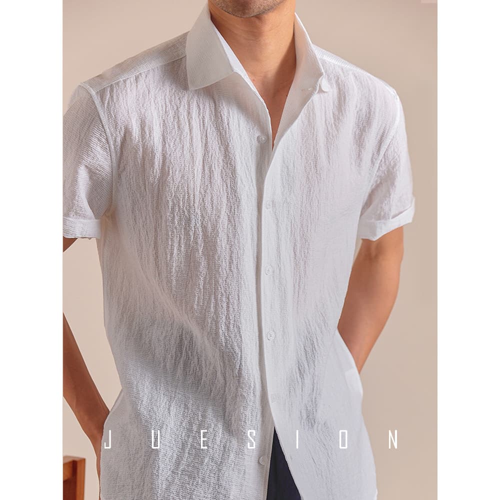 [70% Cool Tencel Respirável] JUSION Gola de uma peça Business Casual Camisa Branca Masculina Manga Curta Verão Leve Fino