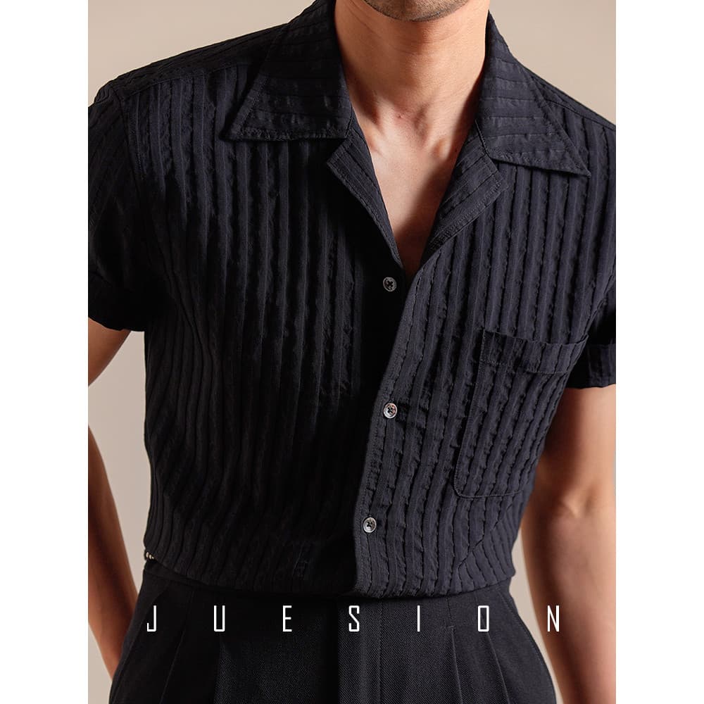 Jucean Jacquard listrado camisa de manga curta masculina verão fino Casual solto gola cubana camisa masculina