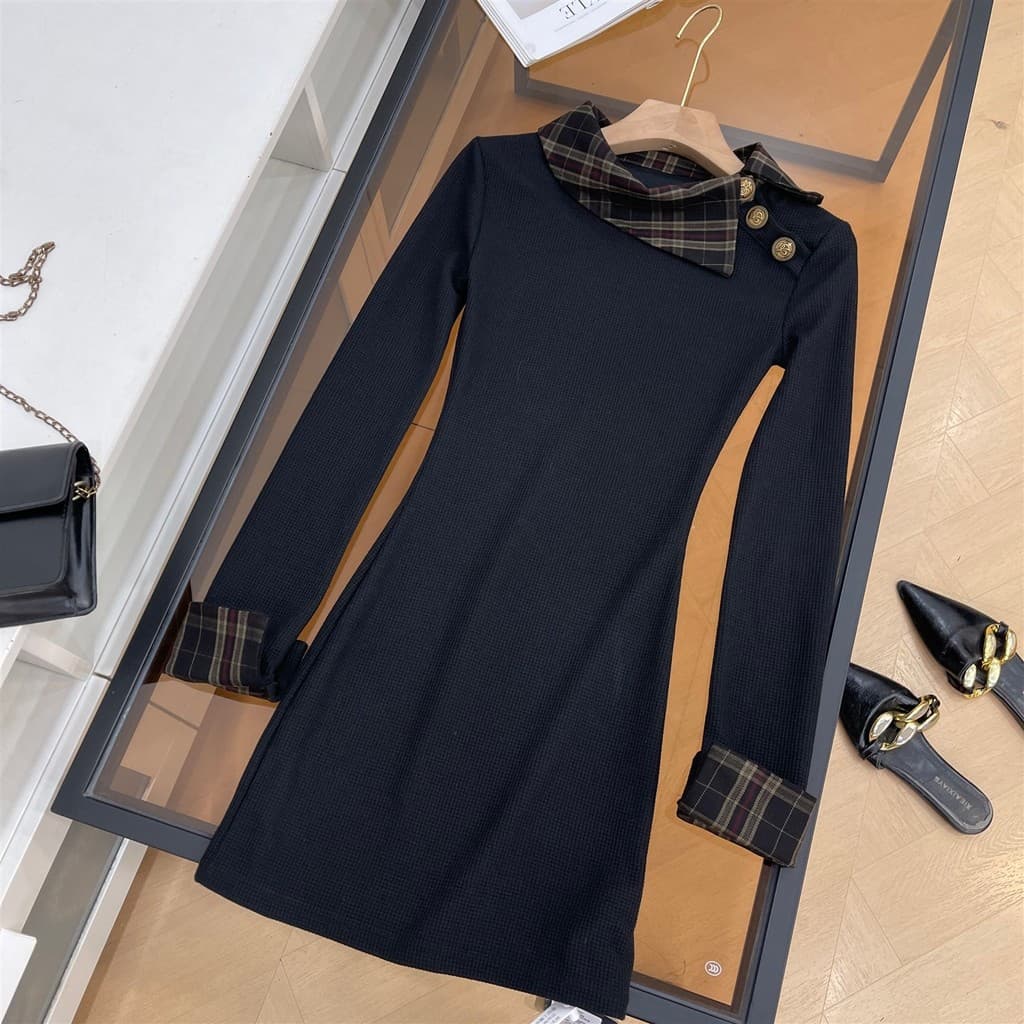 Contraste cor Design sentir Hip vestido feminino meia gola alta botão lateral vestido de moda