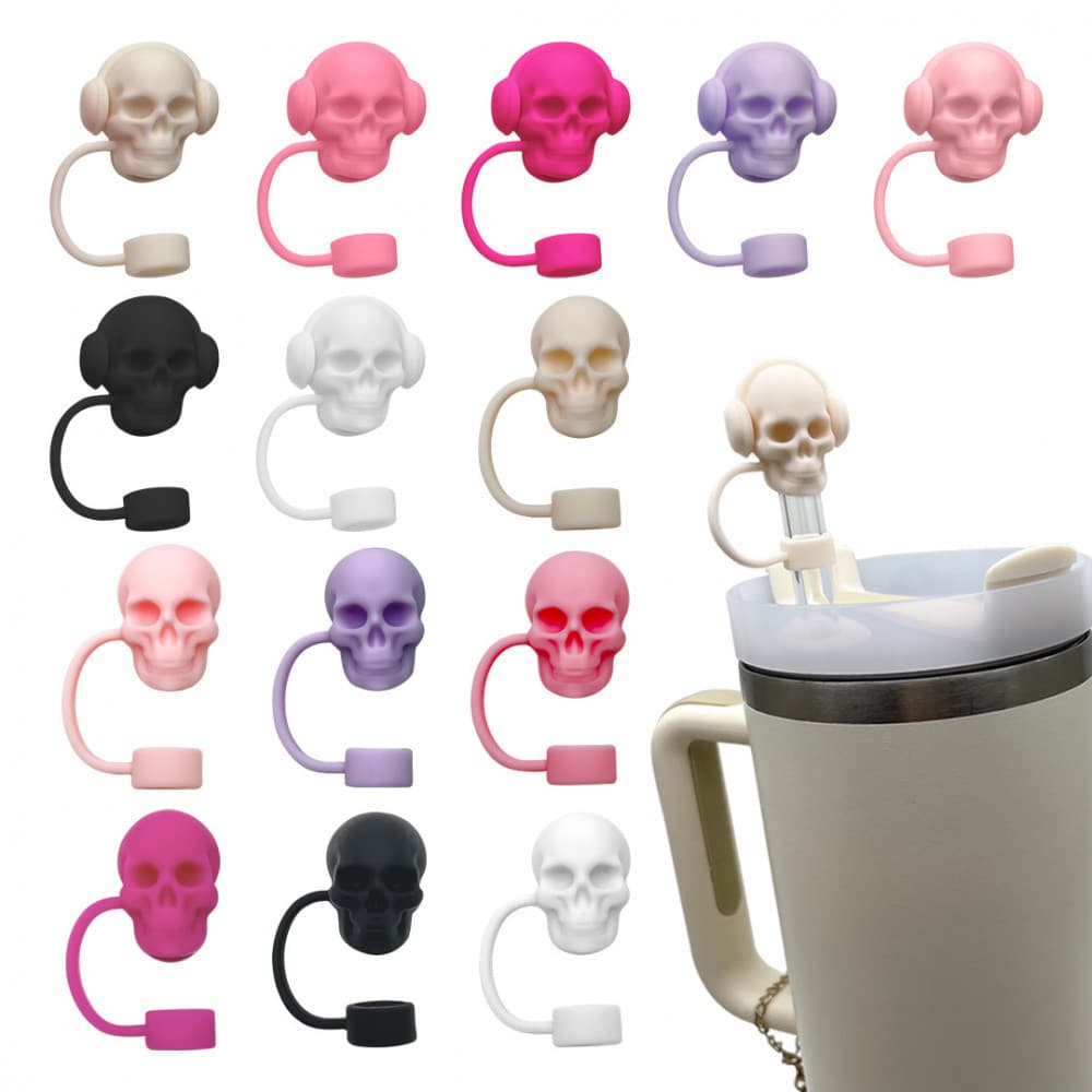 Tampa de Canudo Formato Caveira | Silicone Alimentar Antipoeira Anti-Vazamento Universal para Canudo 10mm