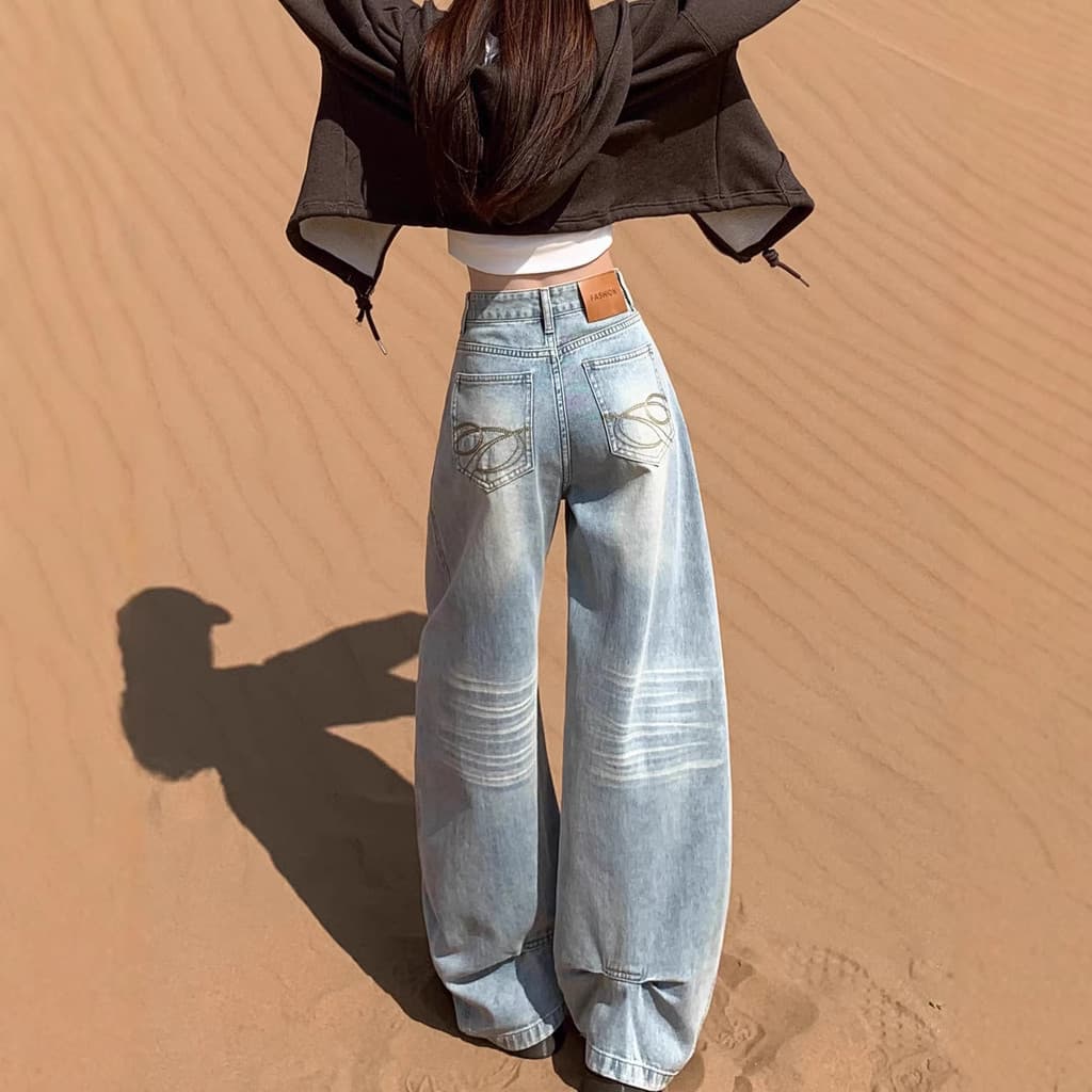 [Han Niu] Calças Jeans Femininas Largas e Soltas de Guangzhou Xintang, Calças Jeans Femininas de Perna Larga e Curva