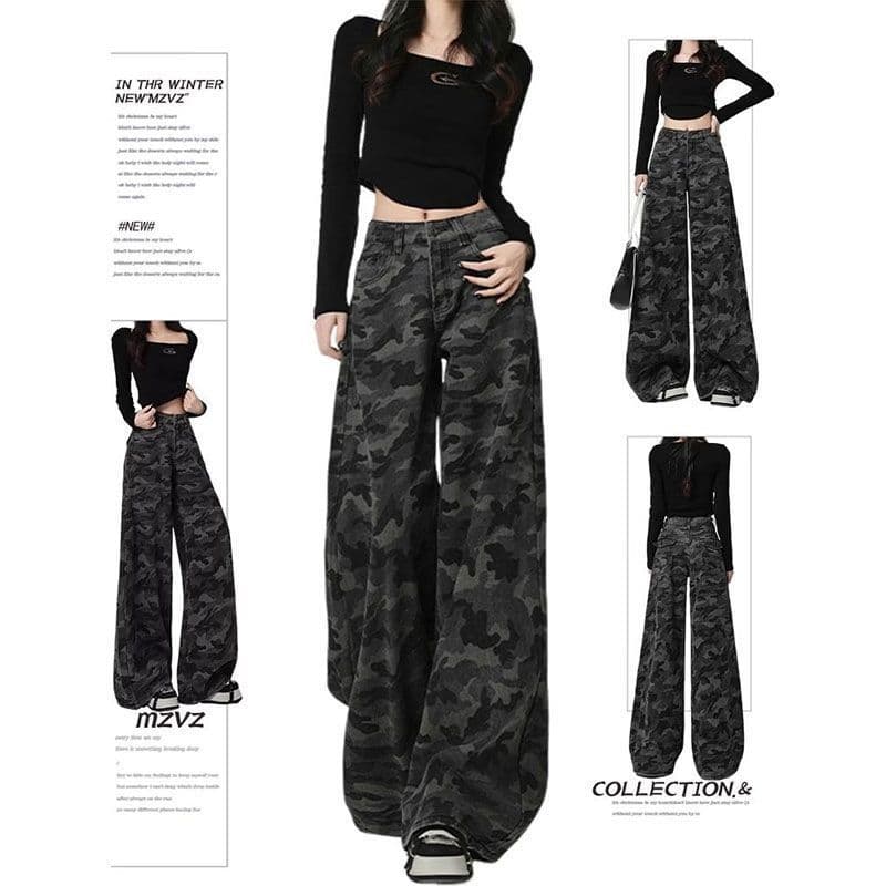 Calças jeans femininas de corte largo com estampa camuflada estilo retrô americano, novo modelo de outono 2026, calças d