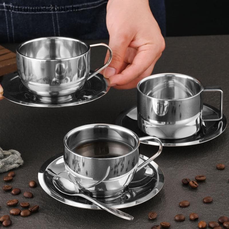Conjunto De Xícara De Café De Aço Inoxidável WHruibb Com Pires E Colher , 170-280ml , Easy Clean br