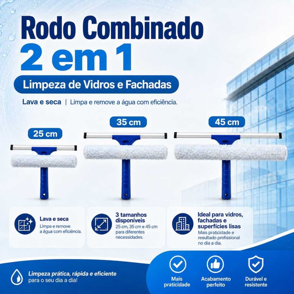 Rodo Combinado Limpa Vidros, Janelas e Fachadas 2 em 1 com Borracha e Luva Profissional