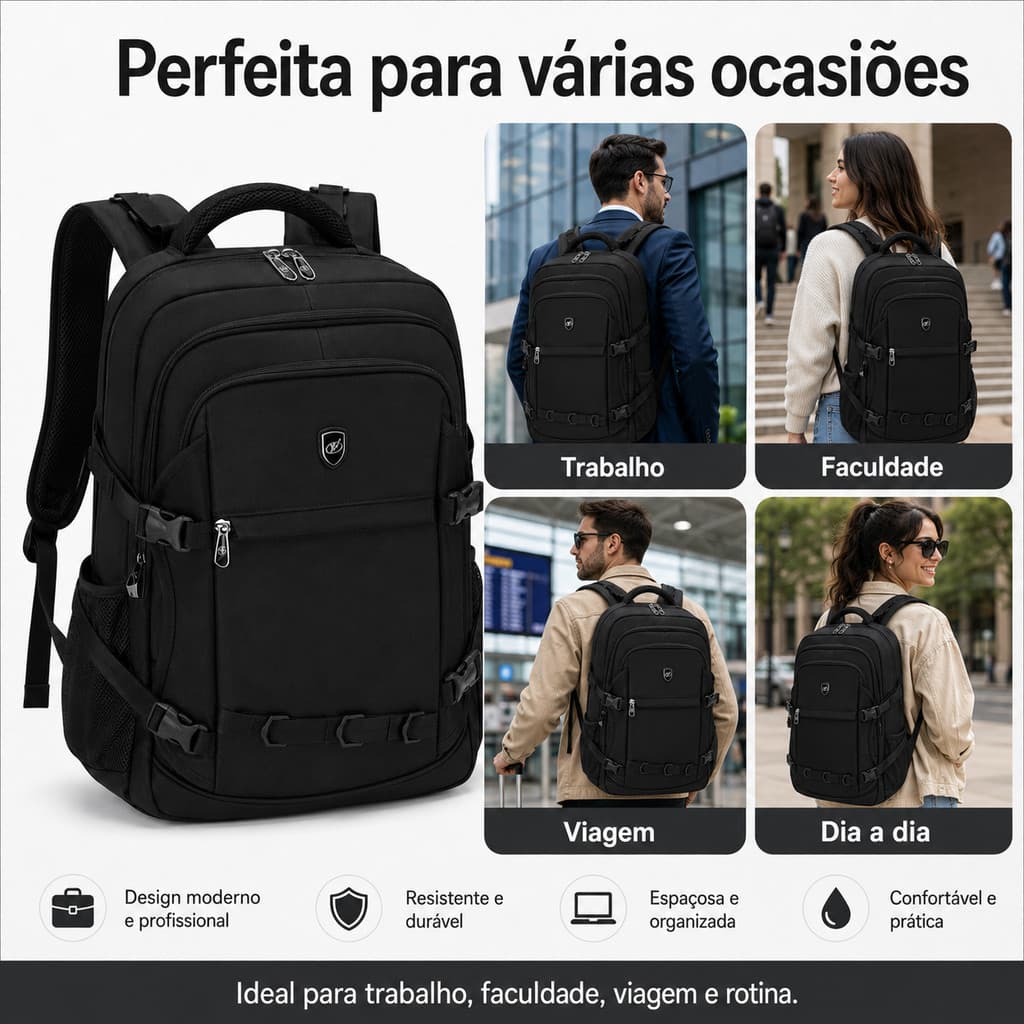 Mochila Grande Multifuncional 55x35x14cm para Viagem, Trabalho e Escola com Vários Compartimentos
