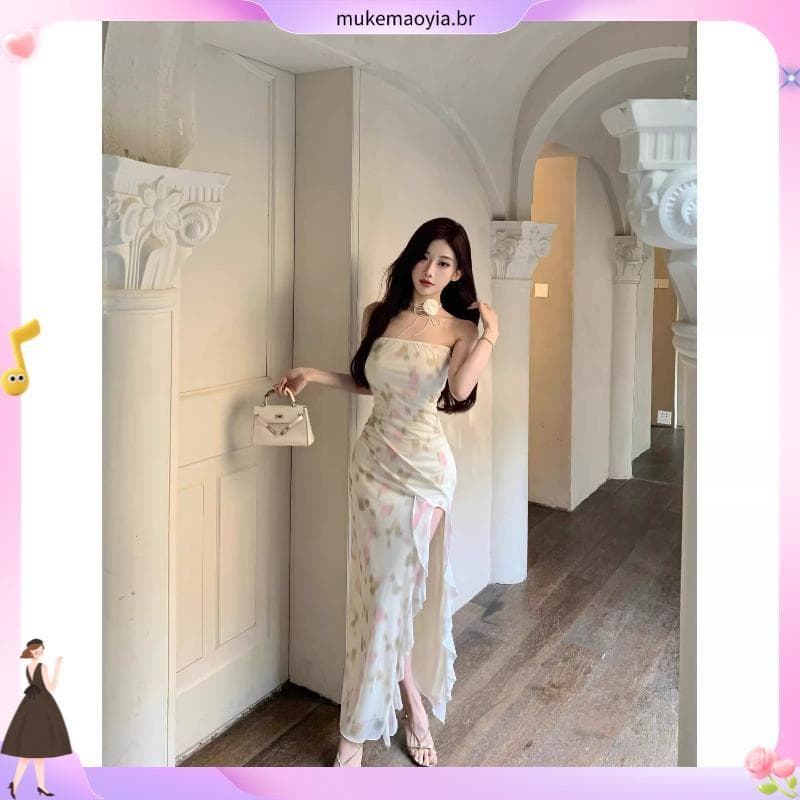 Mulheres E # 39 ; Vestido De Verão Com Estampa floral , Decote Babados , Cintura Justa , Fenda Na Saia , Elegante