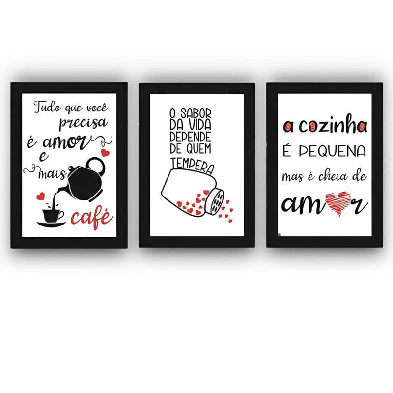 Kit Quadros Placas Decorativas 3 peças 20x30 Cozinha do Amor Cantinho do Café gratidao