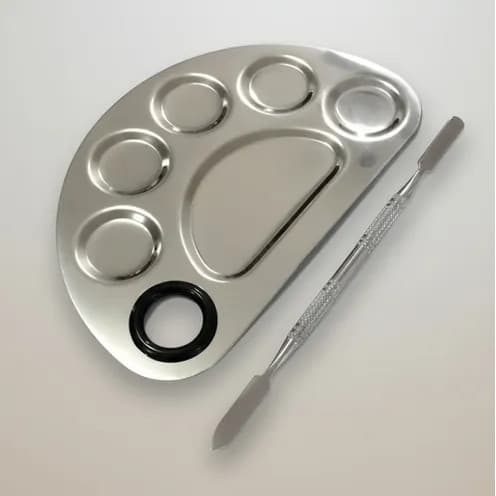 PLACA COM ESPATULA DE INOX PARA MISTURA DE MAQUIAGEM