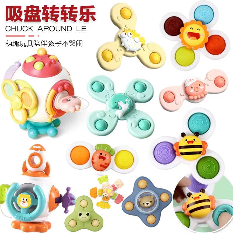 Kit 3 Brinquedo Sensorial para Bebê - Ventosa Adesiva Gira Spinner Atividade Educativa