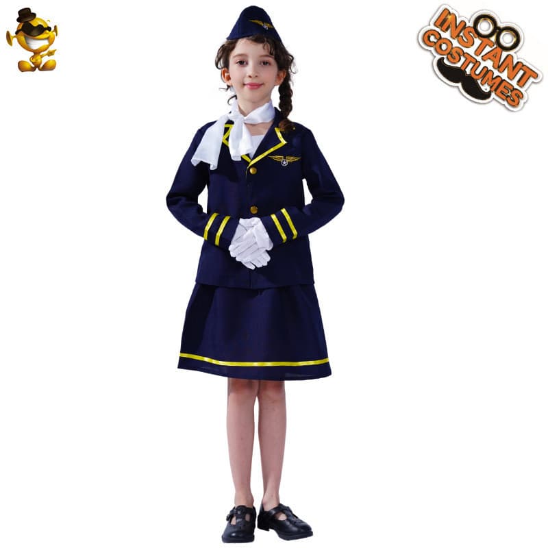 Crianças meninas bonitos trajes de aeromoça de passageiros meninas uniformes de dramatização de aeromoça