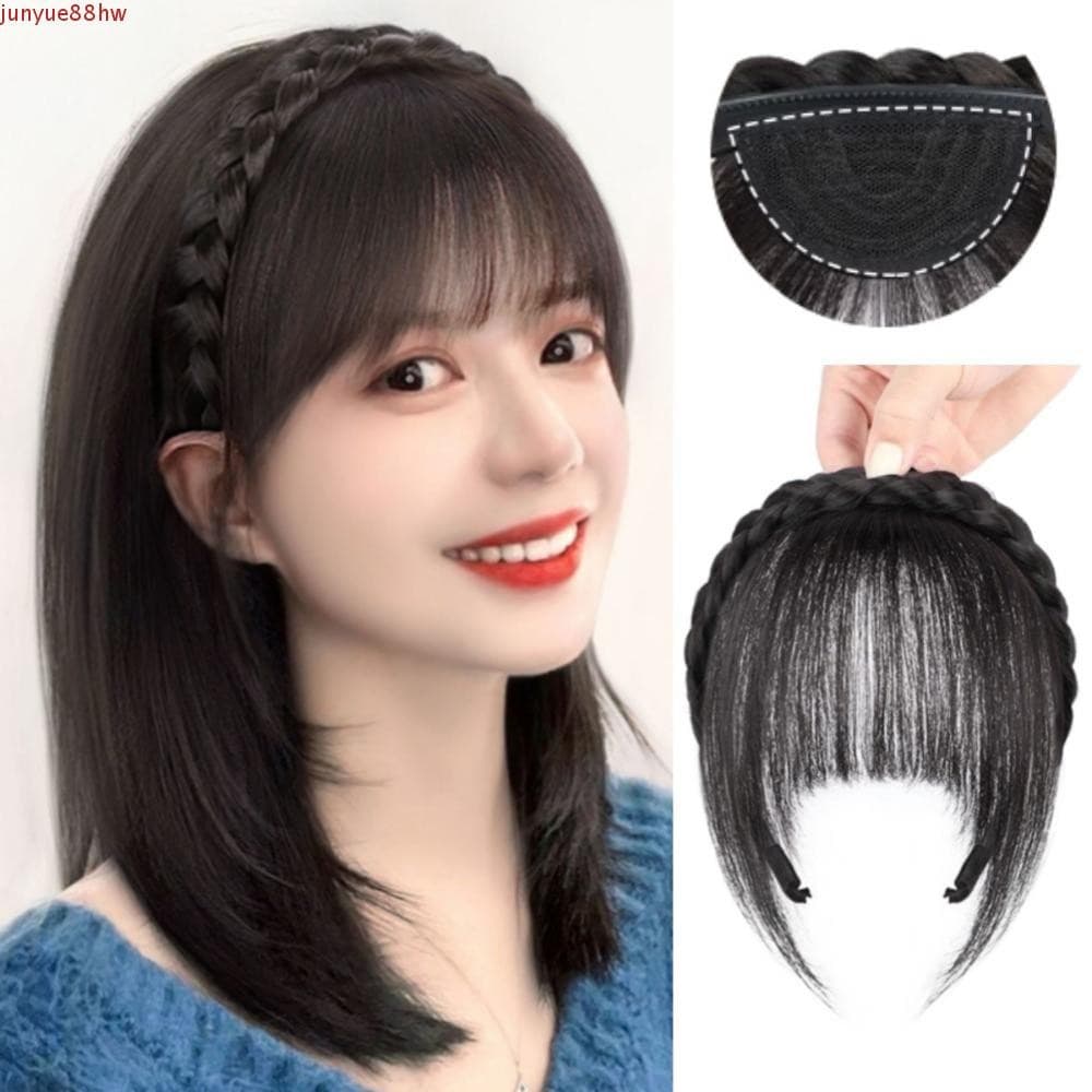 JUNYUE Faixa De Cabelo Com Franja Falsa , Extensão Tranças Sintéticas , Clipe Marrom Natural Em Postiços