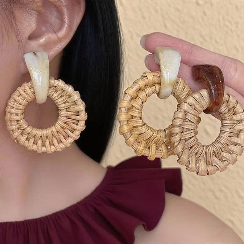 Boêmio retro Bambu E rattan Palha Brincos Feminino À Beira-Mar Férias Estilo high-end Étnico De Tecido