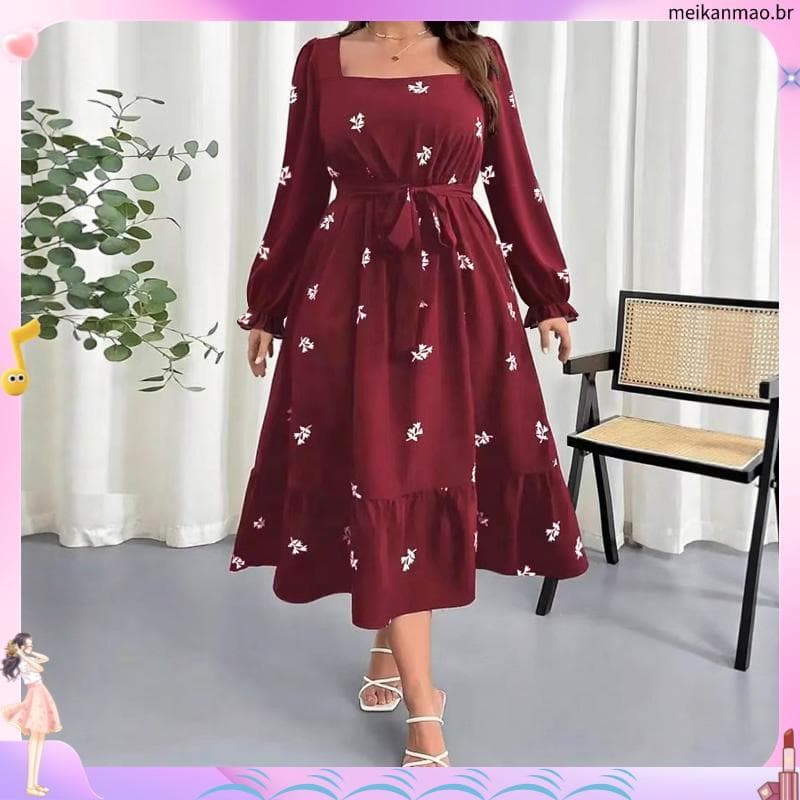(Moderno) Plus Size Ele gant Curve Dress Ditsy Floral Babados Hem Mangas Puffs Para Mulheres LBL23757