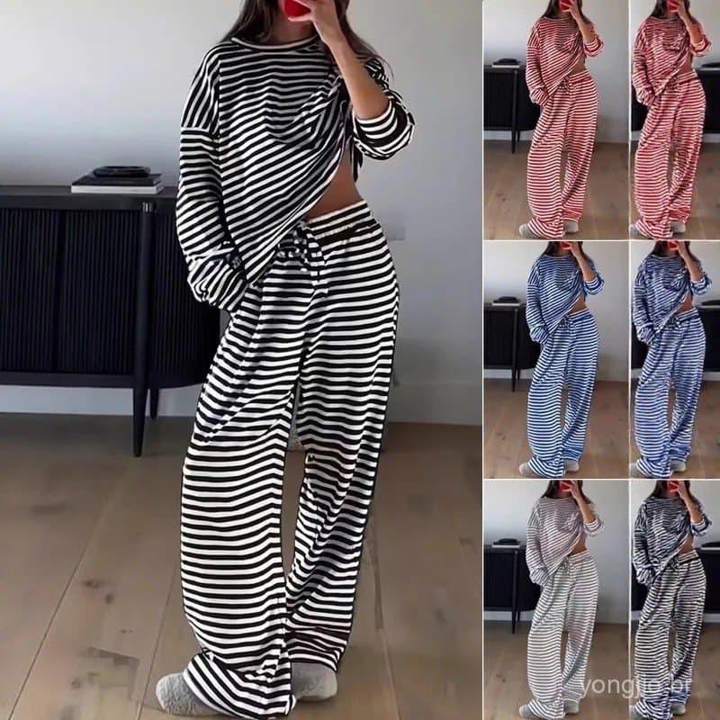 Conjunto Casual Listrado Feminino, Blusa de Manga Longa Oversized e Calças de Cintura Alta com Pernas Largas, Moda Diári