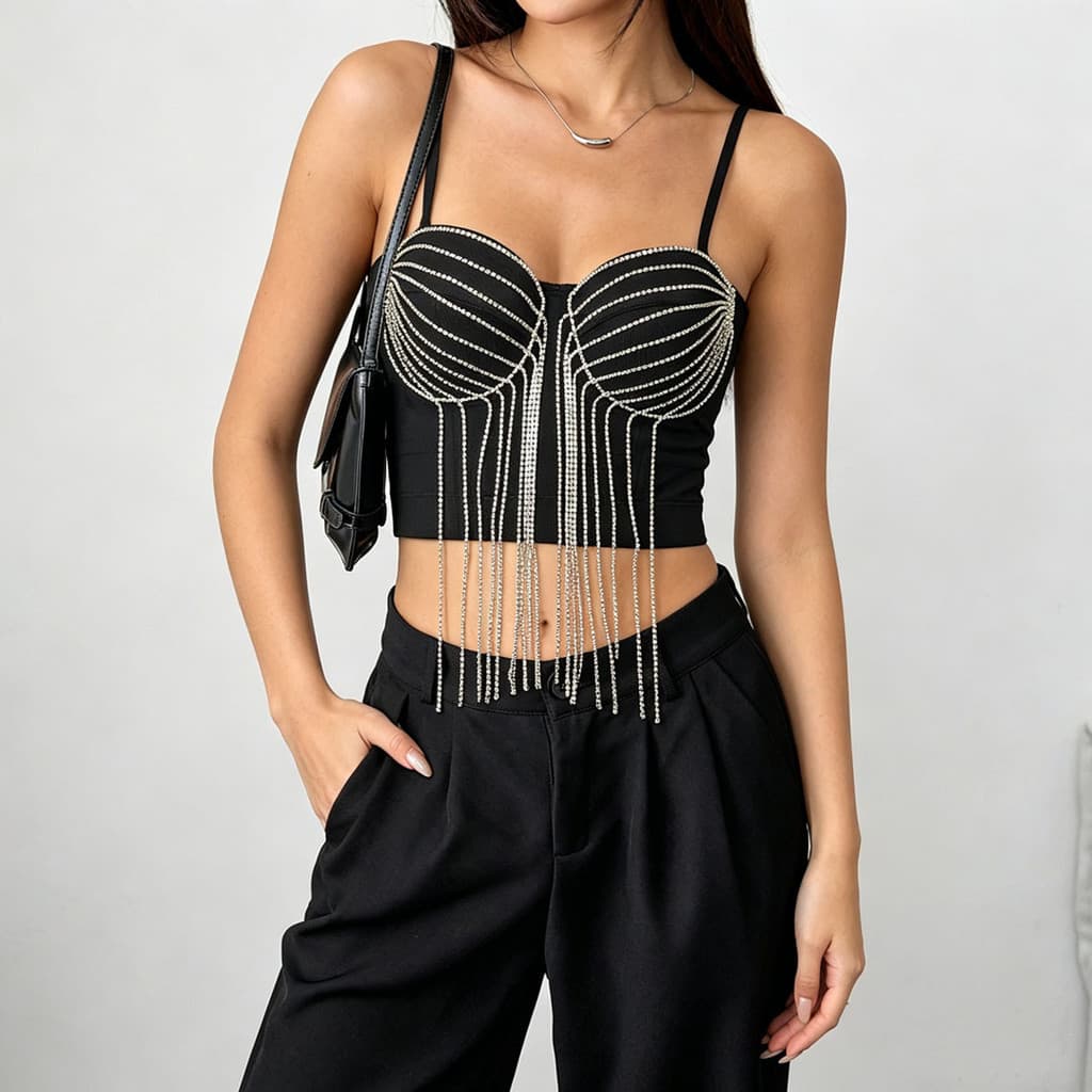 Espartilho espinha de peixe com corrente cravejada de diamantes, camisola com franjas, estilo fino, Top tubo de gaze