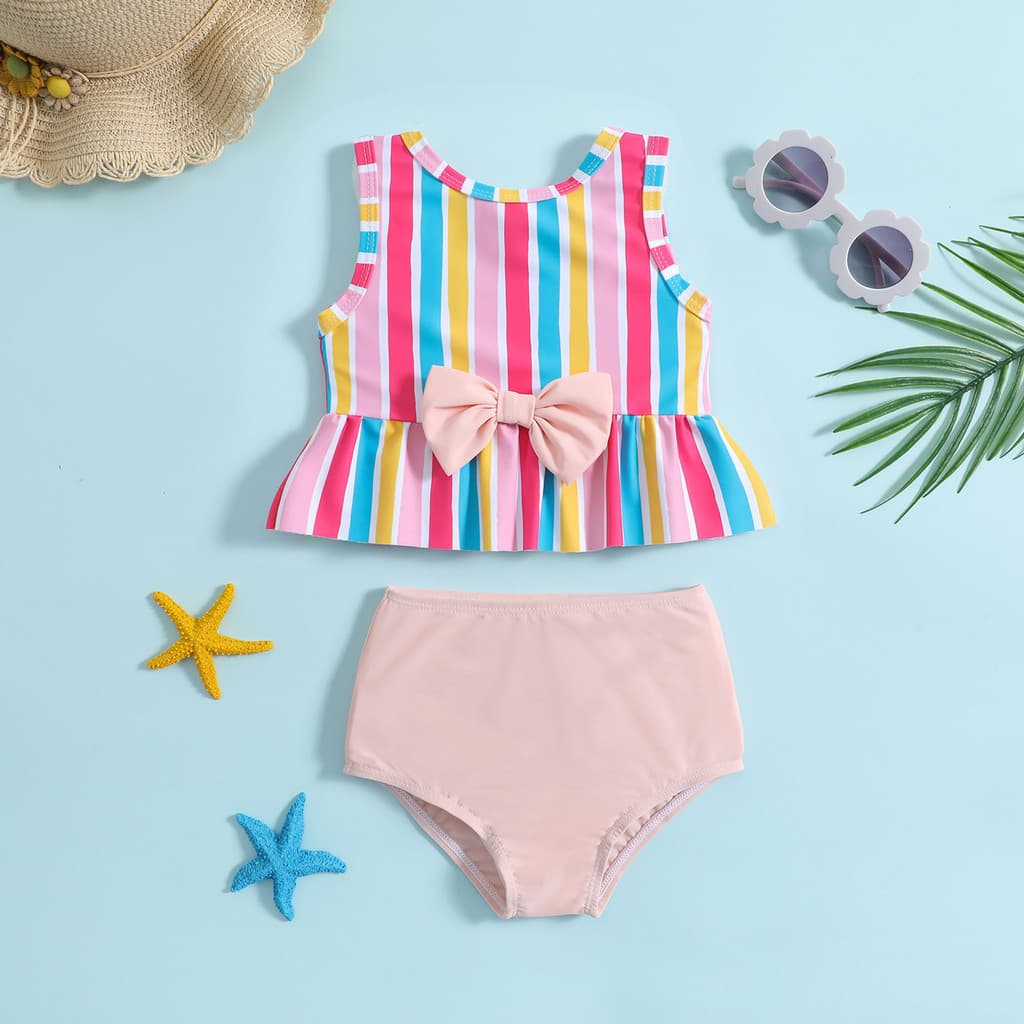 Listrado Impressão Crianças Meninas Dividir Maiô Roupa De Banho Conjunto Biquíni 2026 Verão Praia Ao Ar Livre Bebê Duas