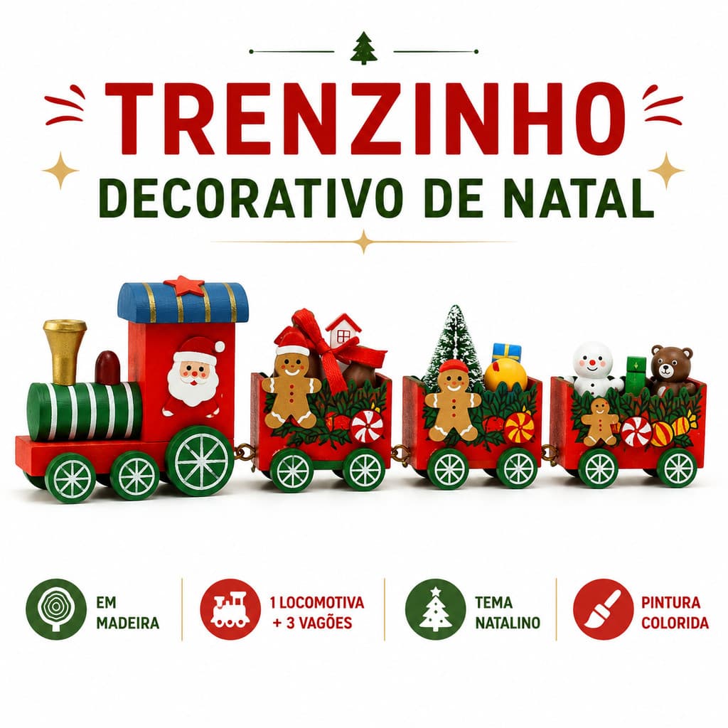 Enfeite Trem Natalino de Madeira com Locomotiva e Vagões Decoração de Natal 25cm