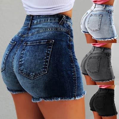 Shorts jeans femininos elásticos com franjas elásticas, calças curtas de cintura alta rasgadas.