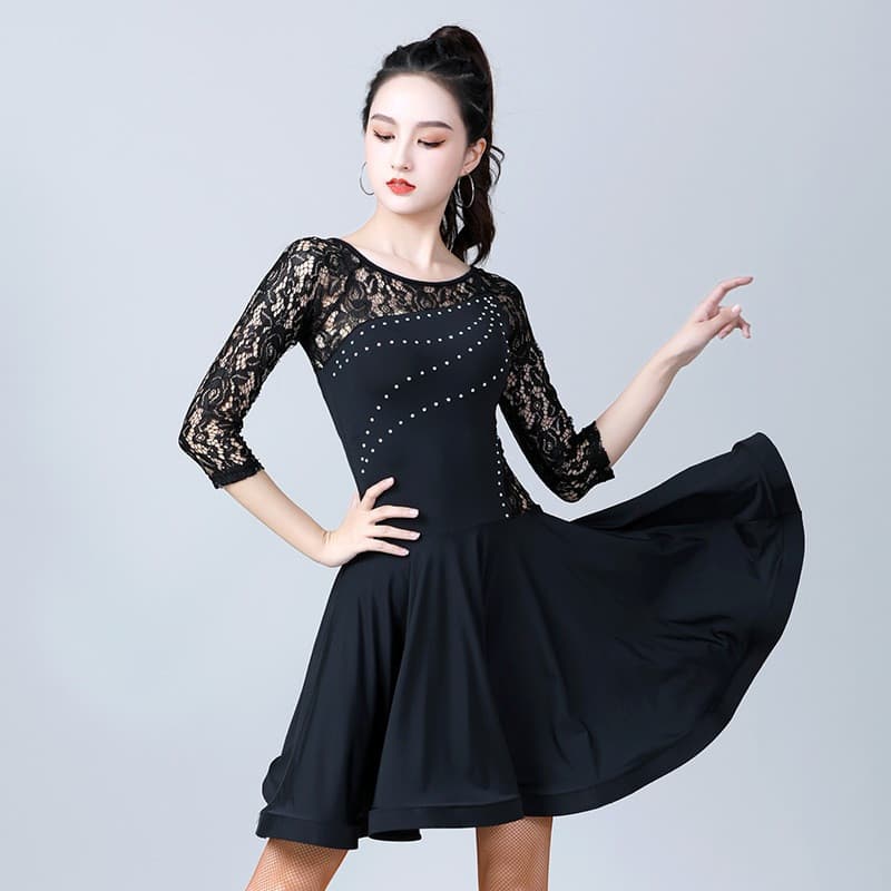Vestido de Dança Latina Feminino de Manga Longa com Renda para Prática e Apresentação de Verão para Adultos 123
