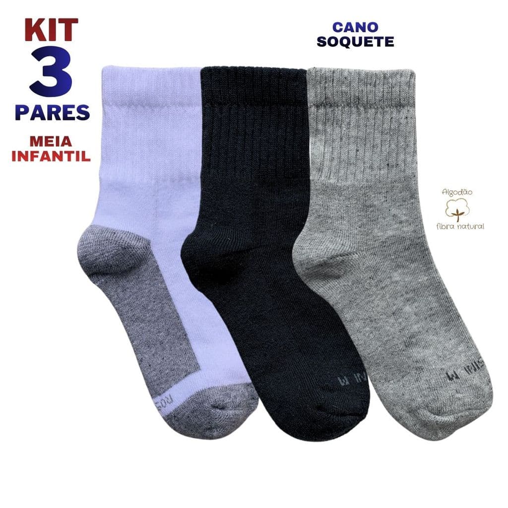Kit 3 Pares Meia Cano Médio Atoalhada Infantil Juvenil Escola Inverno