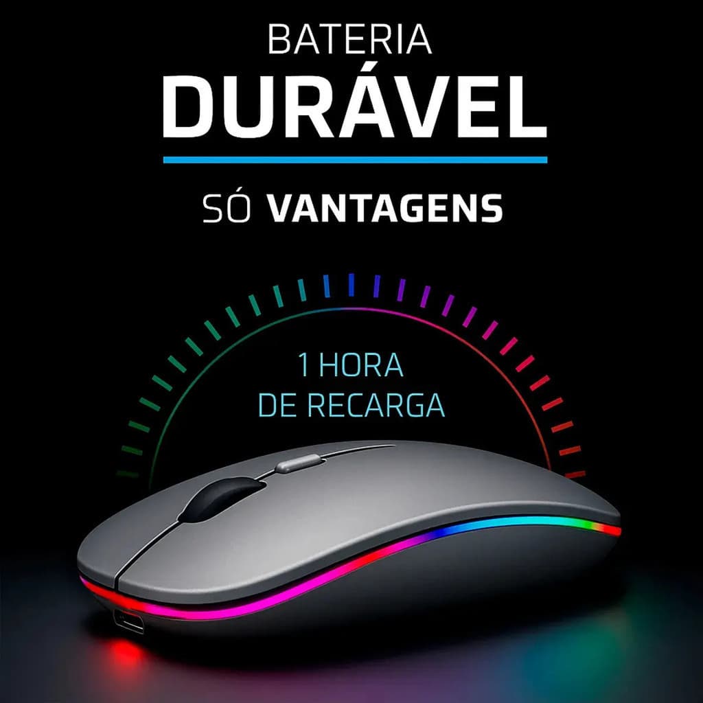 Mouse Sem Fio Recarregável Wireless Optico Led Rgb Ergonômico Sem Fio Para Pc / Desktop / Notebook / Tablet / Smartphone