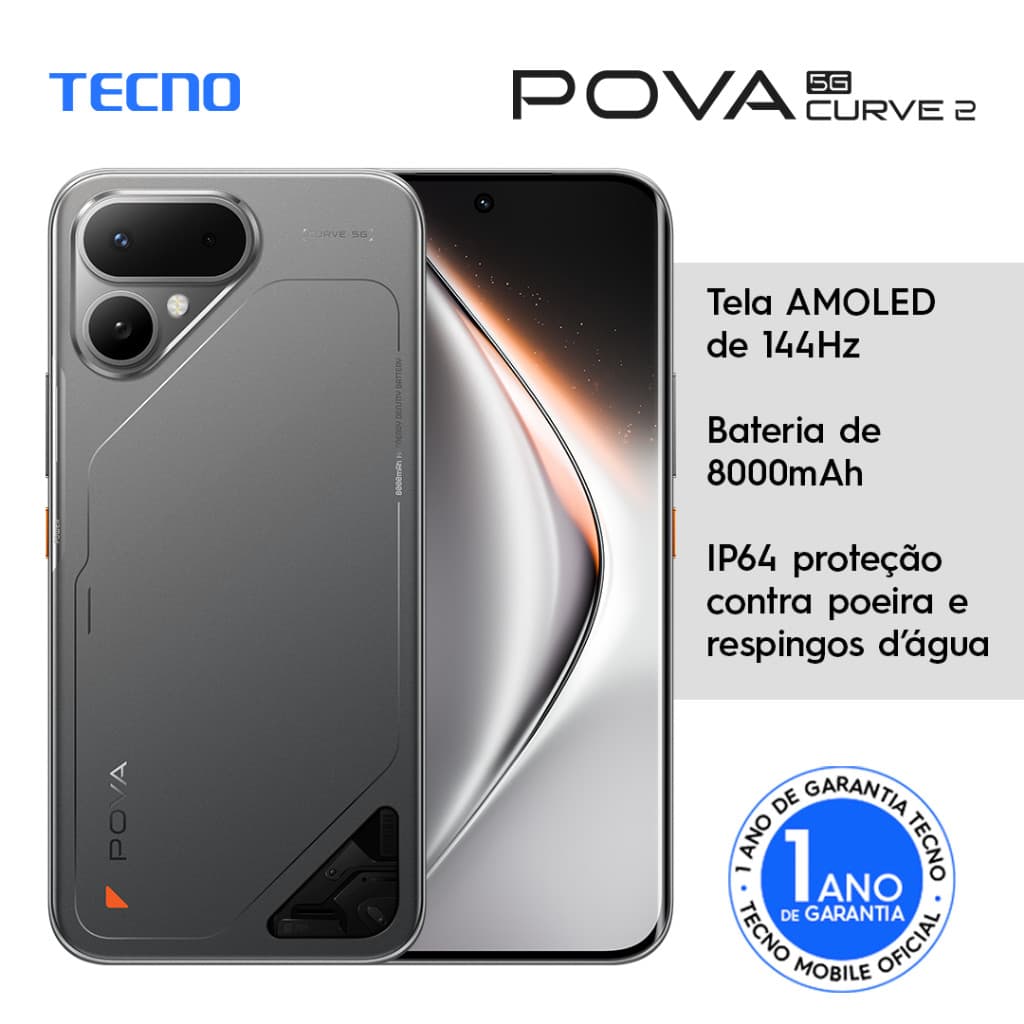 Celular TECNO POVA Curve 2 5G 256GB AMOLED 144Hz Dimensity 7100 Bateria 8000mAh NFC