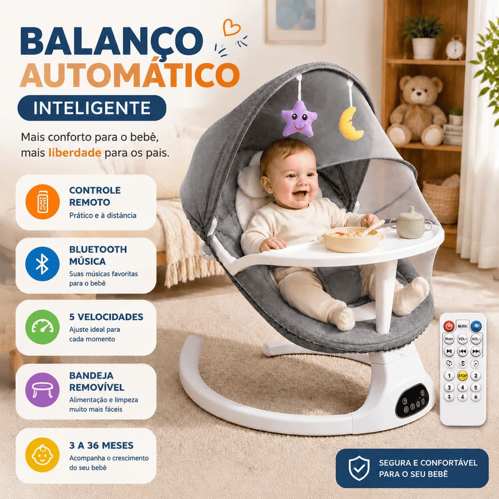 Cadeira Musical de Balanço para Bebê Vibratória com Móbile, Brinquedos, Cinto Segurança e Bandeja