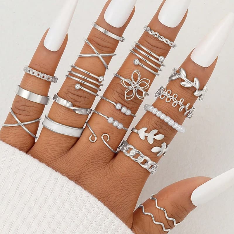 Coleção De Anéis Minimalistas De 22 Peças , Pérolas , Flores , Folhas E Designs Geométricos , Conjunto De Joias Feminina
