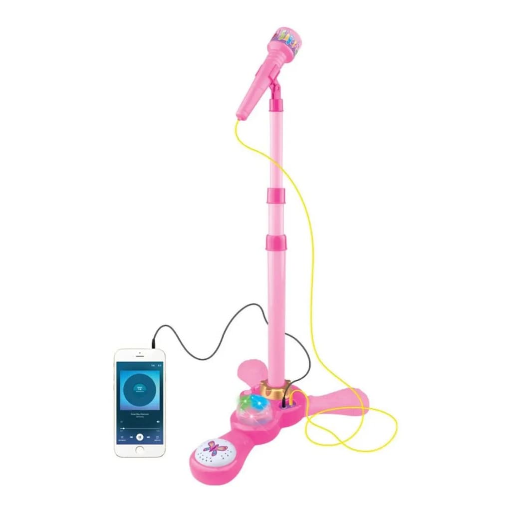Microfone Infantil Com Pedestal Rosa Conecta Celular Luz E Som Importway