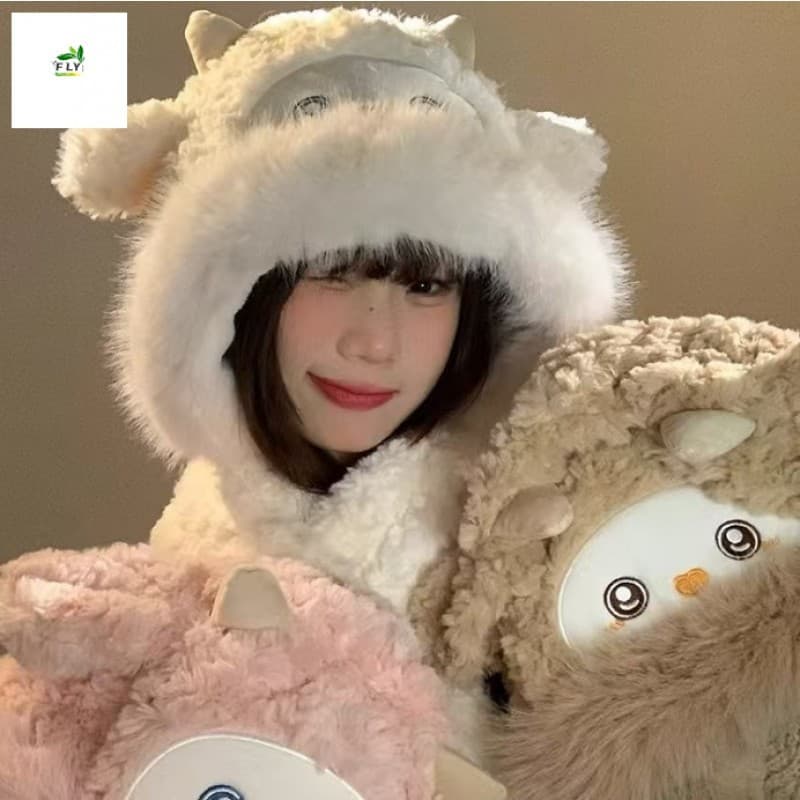 Chapéu De Pelúcia De Ovelha Fofo Para Mulheres – Lenço Quente De Inverno Com Proteção De Ouvido Espessada Integrada
