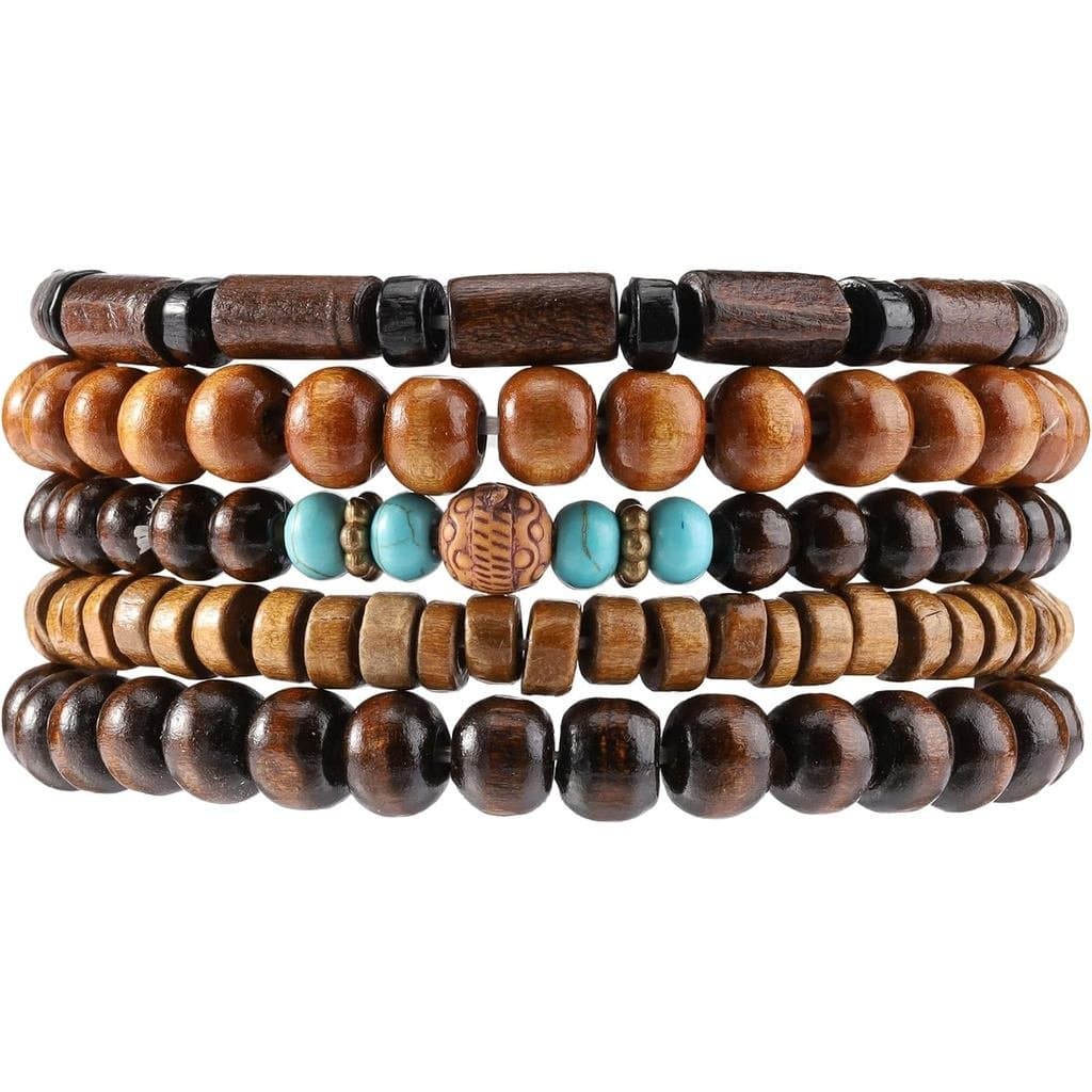 Pulseira de Madeira com Contas para Homens e Mulheres, Pulseira Marrom, Pulseiras Étnicas Tribais Masculinas