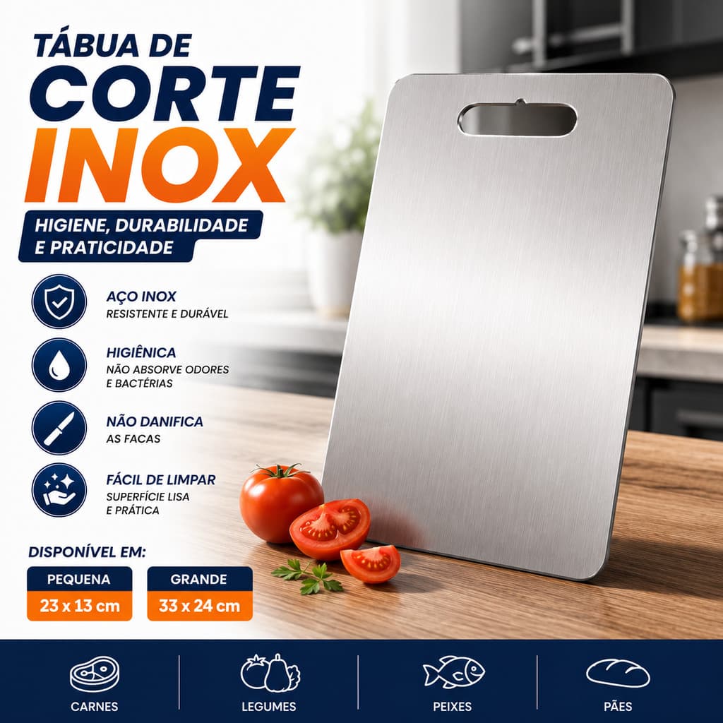 Tábua de Corte Inox Premium para Cozinha Churrasco Ideal para Carne Peixe Frango Legumes Frutas Verduras Queijos Pães