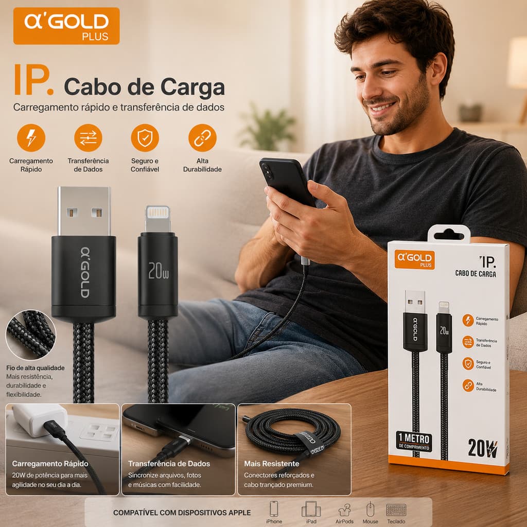 Cabo de dados padrão para celular 2. USB. V8. IP