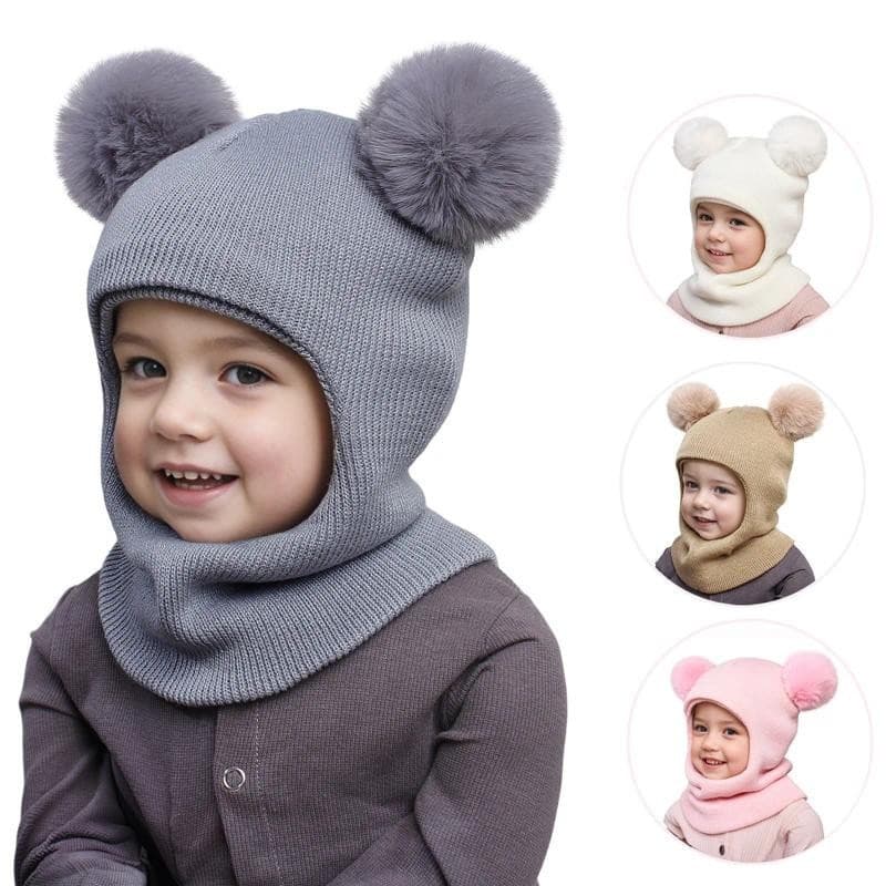 Gorro e cachecol de inverno para bebês, gorro infantil de malha com proteção para as orelhas e design para aquecer o pes