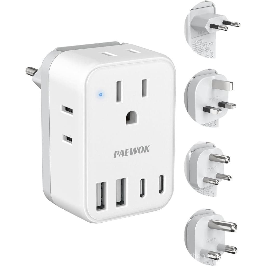 Conjunto de Adaptadores de Viagem, Adaptador de Viagem Europeu com 4 Saídas AC e 4 Portas USB (2 USB C), Adaptador de Vi
