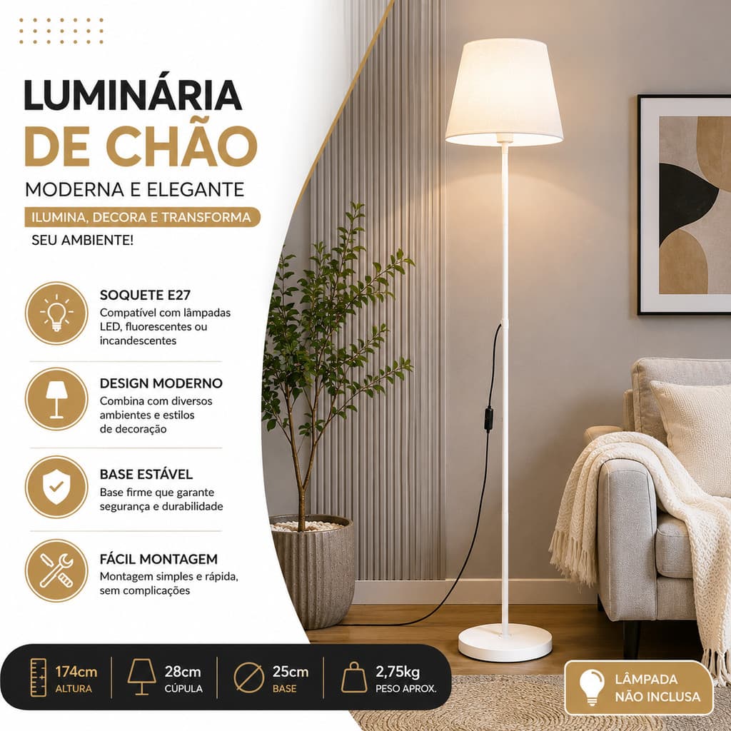 Luminária de Chão Abajur de Piso Moderno com Cúpula E27 para Sala Quarto Escritório Decoração Minimalista