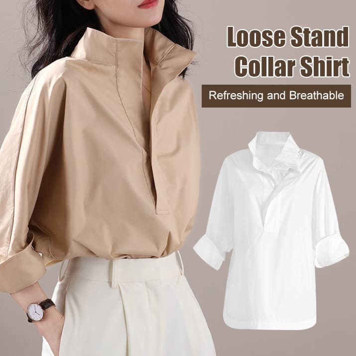 [Confortável e Slim] Camisa Feminina Branca Coreana com Gola Alta/Mangas 7/8/Para Trabalho/Look Casual/Camisa de Trabalh
