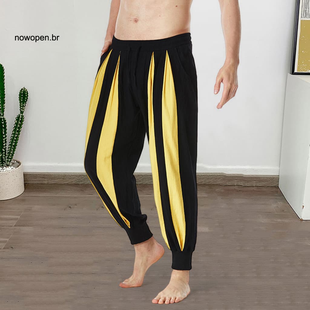Relaxed Fit Casual Pants Men Cotton Linen Men's Loose Elastic Waist Trousers Color Block Design Comfortable for Daily fo