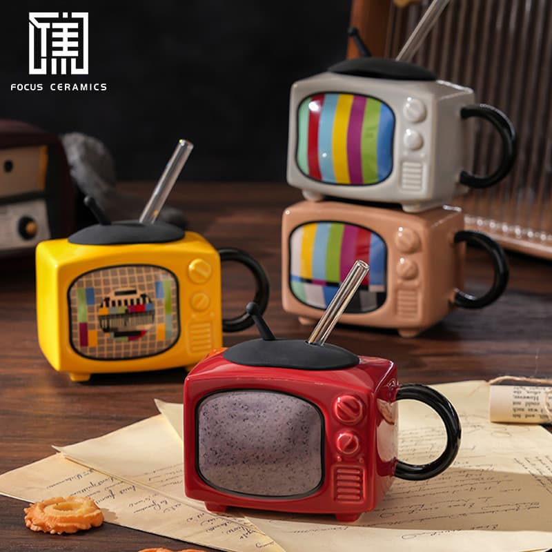 Caneca de Cerâmica Criativa em Forma de TV com Canudo, Divertida, com Tampa e Alça, Presente de Aniversário, Caneca de Á