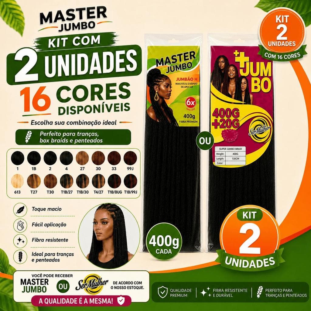 Kit 2 Jumbo 400g Cabelo Sintético Para Tranças Box Braids Fibra Leve Várias Cores