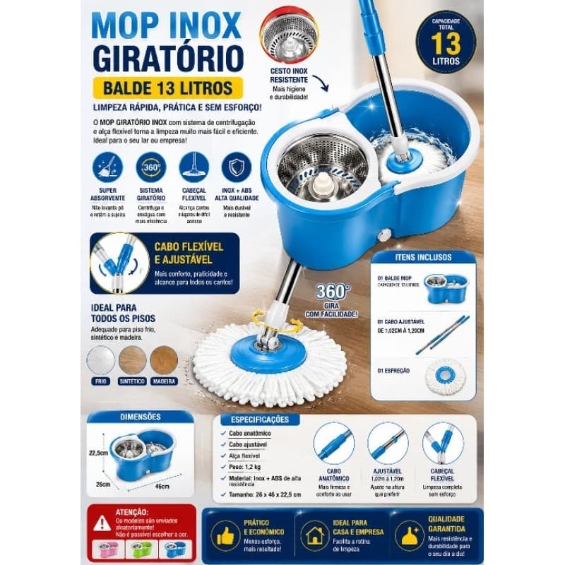 MOP INOX Giratorio (13 LITROS GRANDE) CABO FLEXIVEL SUPER ABSORVENTE Envio Aleatorio