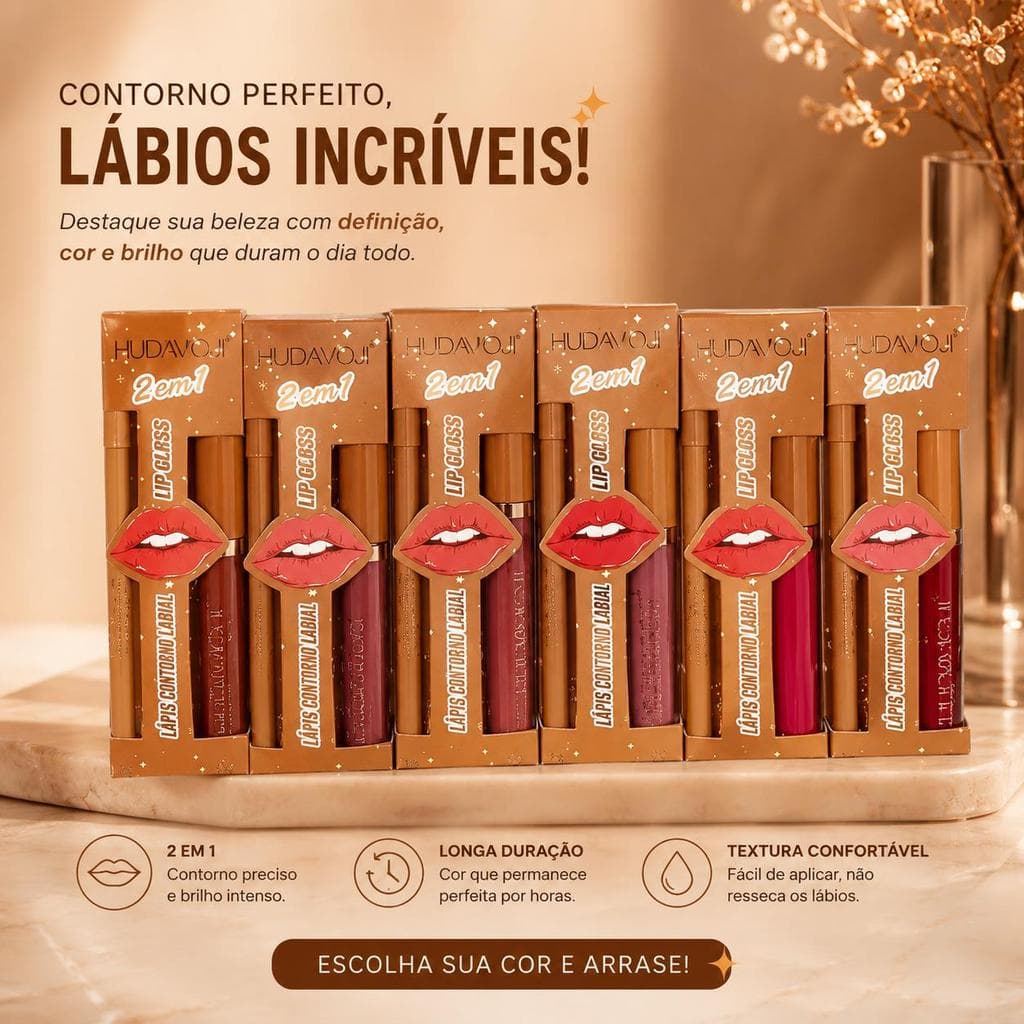 Hudamoji Kit Batom Líquido Matte & Lápis Contorno Labial 2 em 1 Alta Pigmentação Longa Duração 6 Cores Vegano