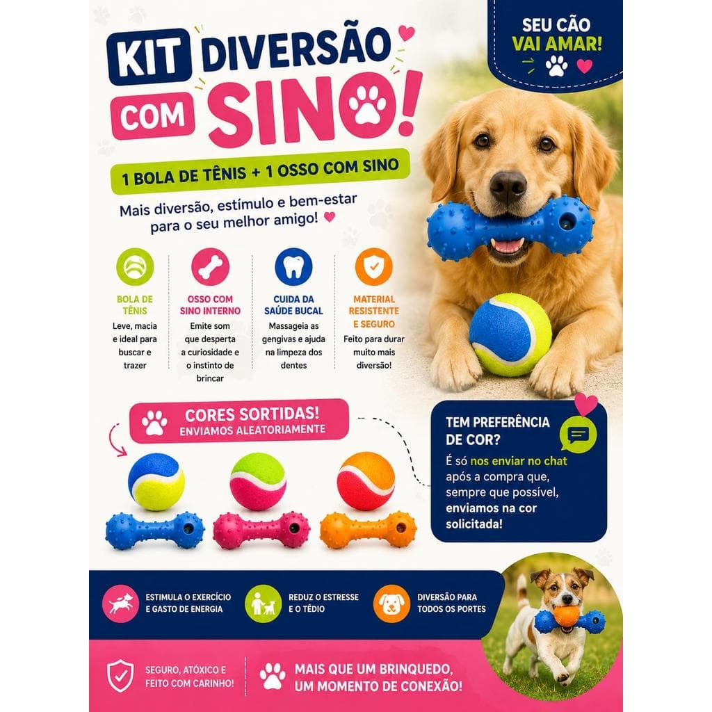Kit Brinquedo Pet Bola Tênis Mordedor Sino Interativo Cães Todos Portes