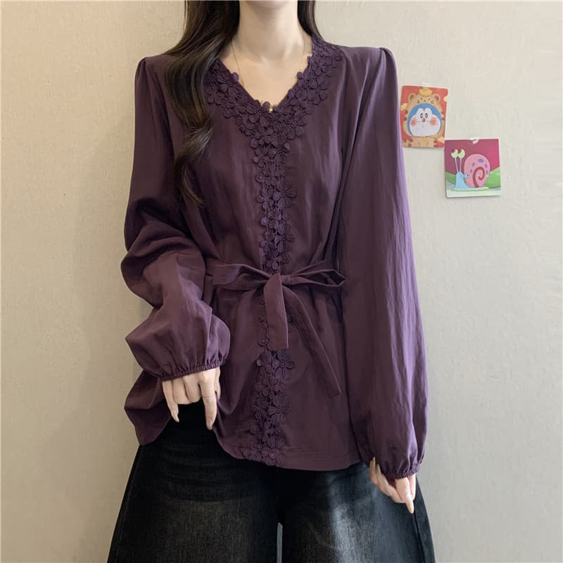 Francês High-End roxo com decote em V camisa de manga comprida feminina início do outono 2025 novo estilo venda quente r