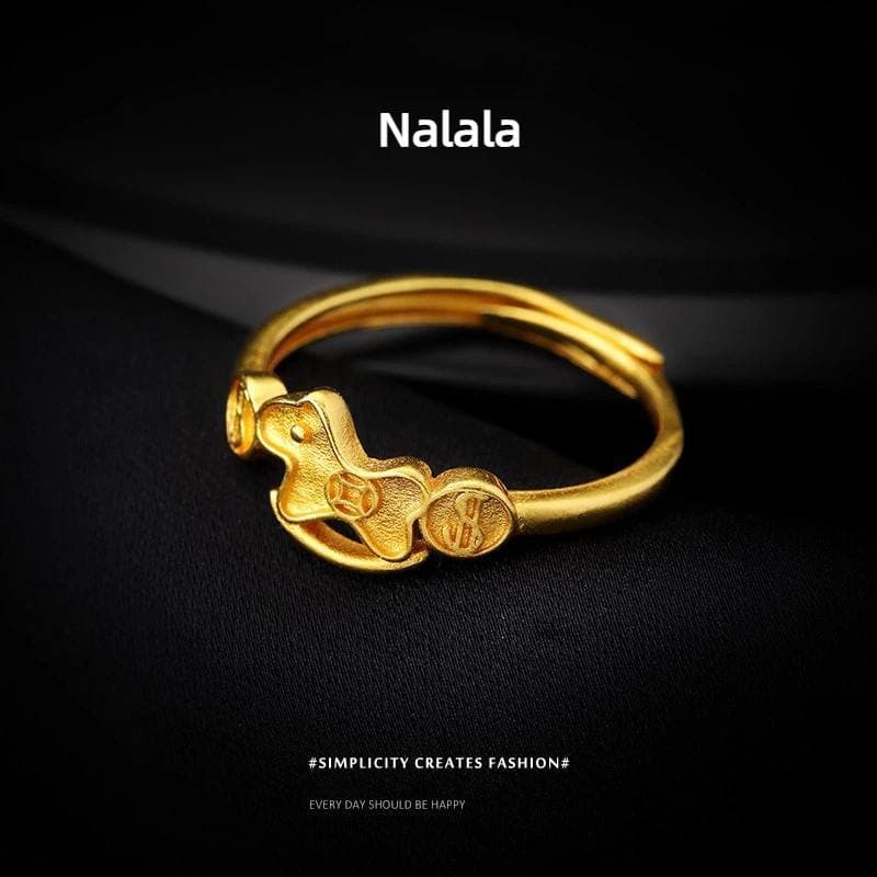 China Estilo Moeda Pônei Anel Feminino Nicho k Ouro Sorte design Luz Luxo Aberto Dedo Indicador gif