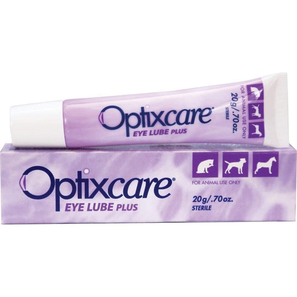 OptixCareEyeLubePlus+ com Ácido Hialurônico 20g, adequado para cavalos, embalagem com 3 unidades.