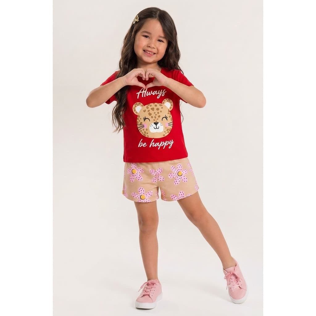 Conjunto Infantil Verão Feminino com Manga Normal Oncinha Be Happy - Vermelho | ED KIDS