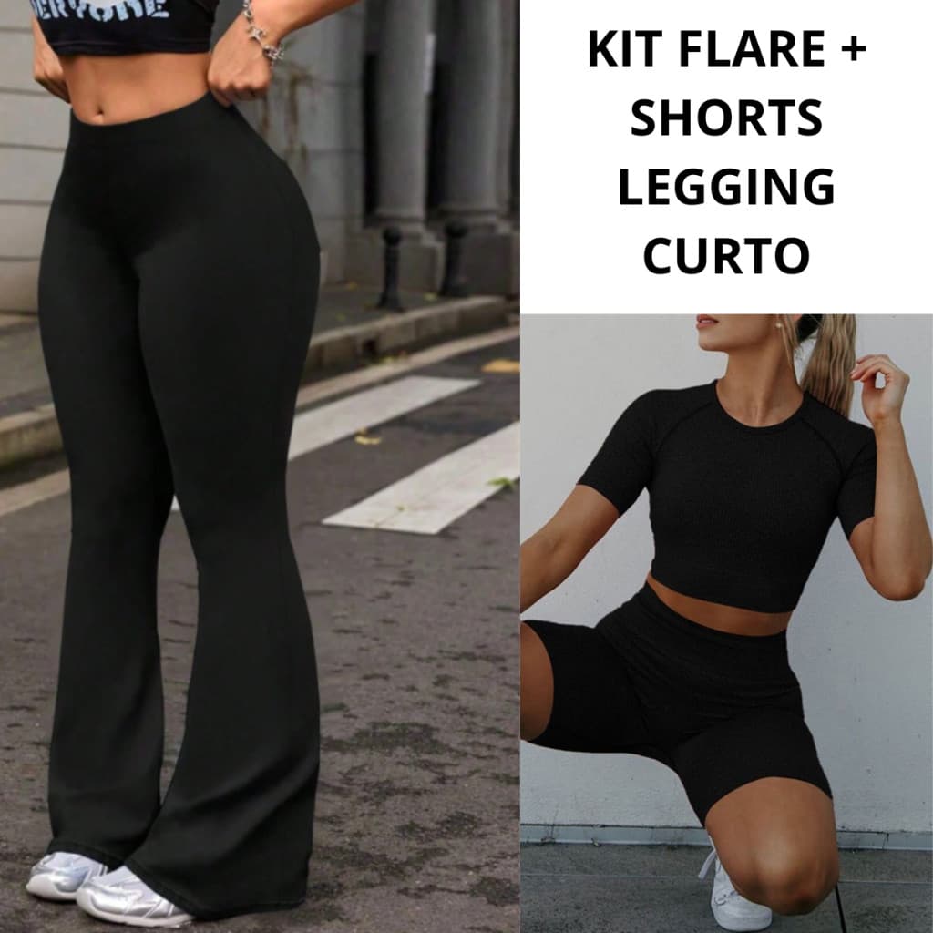 Kit 2 Flare + SHORTS LEGGING Feminina Legging Cintura Alta Sem transparência Pantalona