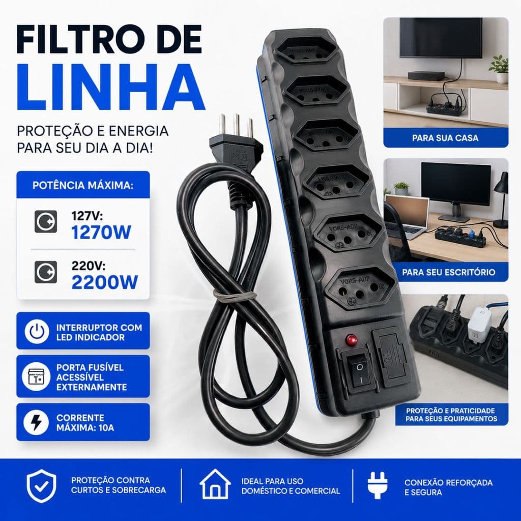 FILTRO DE LINHA RÉGUA 6 TOMADAS RESISTENTE 10A COM FUSÍVEL TRIPOLAR